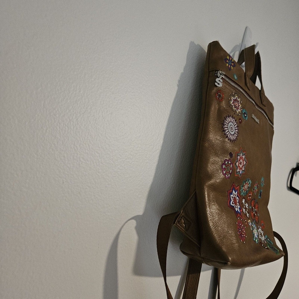 Desigual Brown Vegan Leather Embroidered Backpack Stunning. Clean. - Picture 3 of 16